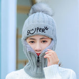 Women's Zipper Knit Beanie Hat Scarf Mask Set