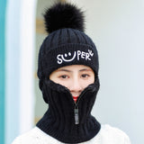 Women's Zipper Knit Beanie Hat Scarf Mask Set