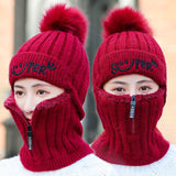 Women's Zipper Knit Beanie Hat Scarf Mask Set
