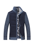 Men's High Neck Knit Sweater Patchwork Cardigan Velvet Coats Front Zip-Up Pocket Warm Winter Casual Overcoat