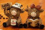 One Pair Cute Highland Cow Coffee Figurines Resin Statues Desk Decor Coffee Bar Accents