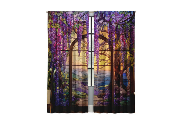2Pcs Stained Glass Flower Wisteria Printed Curtain for Home Decor