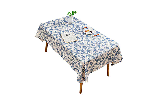 135x180cm Retro Blue Rose Floral Cotton Linen Fabric Tablecloth