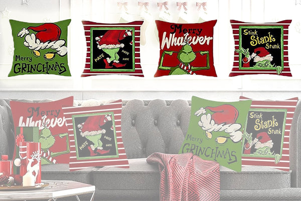 4Pcs Grinch Inspired Christmas Linen Pillow Covers