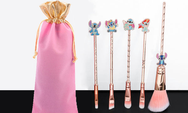 5-Piece Stitch Inspired Makeup Brushes Set with Drawstring Bag