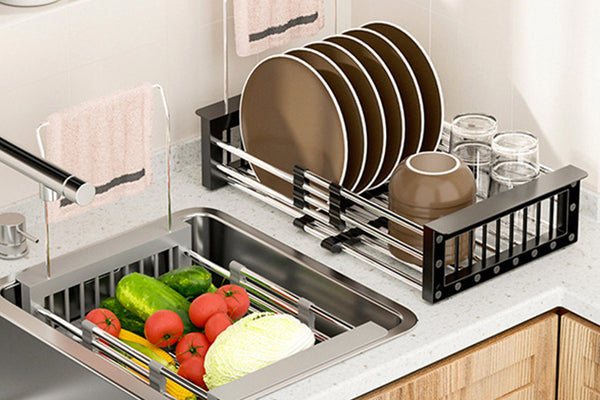 Extendable Stainless Steel Sink Strainer Drain Basket Dish Drying Rack