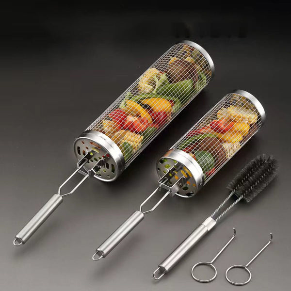 Set Of 3 Rolling Grill Basket BBQ Net Cylinder Barbecue Grilling Tube Cage