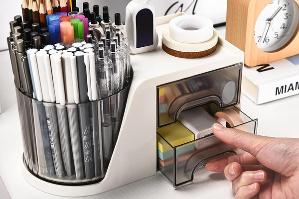 Rotating Desk Organizer with 2 Drawer Multi-Functional Pen Holder