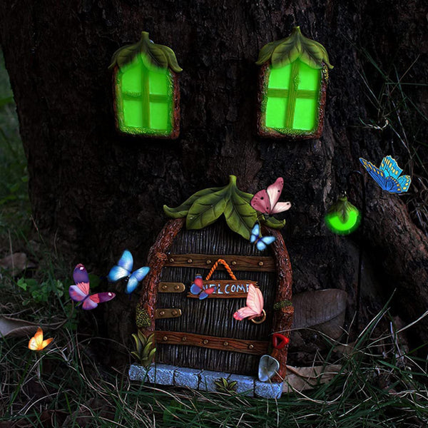 Fairy Door and Windows for Trees Glow in The Dark Yard Art Sculpture Decoration