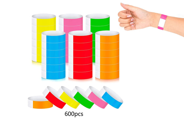 600 Pcs Paper Wristbands Water-Resistant Neon Colored Adhesive Wristbands