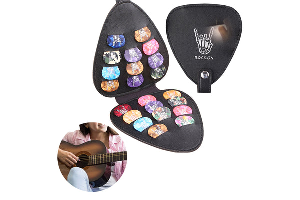 Guitar Picks Holder Case with 22 Picks PU Leather Guitar Plectrums Storage Pouch