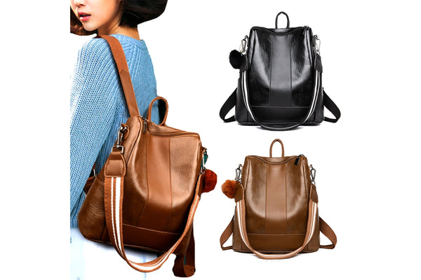Women PU Leather Fluffy Ball Ornament Backpack