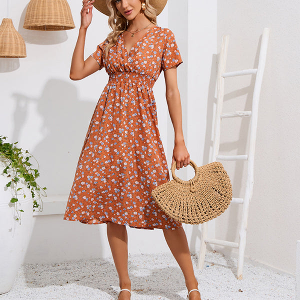 Women Elastic Waistband Floral Dress