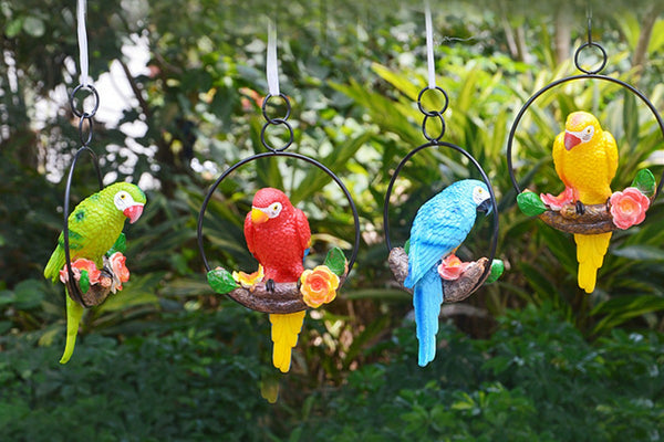 Hanging Parrot Statue Sculpture On Metal Round Ring Decor