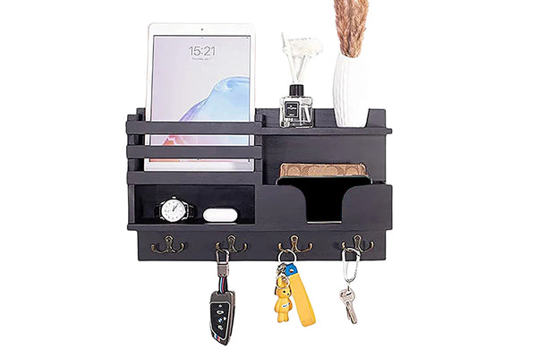 Wooden Key and Mail Holder for Wall Mail Organizer Wall Mount with 4 Hooks