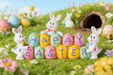 Bunny Holding Eggs and Happy Easter Decorations