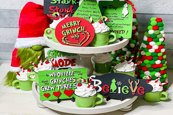 Set of 9Pcs Christmas Grinch Tiered Tray Decoration Xmas Farmhouse Table Sign