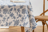 135x180cm Retro Blue Rose Floral Cotton Linen Fabric Tablecloth