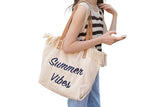Women's Large Canvas Beach Tote Bag Fringe Shoulder Bag