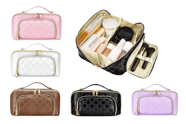 PU Leather Checkered Travel Cosmetic Bag