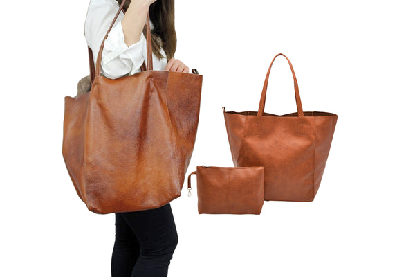 PU Leather Oversized Tote Bag Large Handbag with Internal Cosmetic Bag