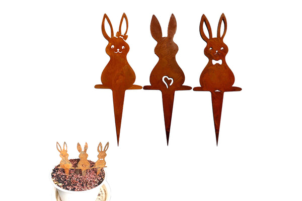 3Pcs Rust Easter Bunny Garden Stake Metal Garden Art Decor