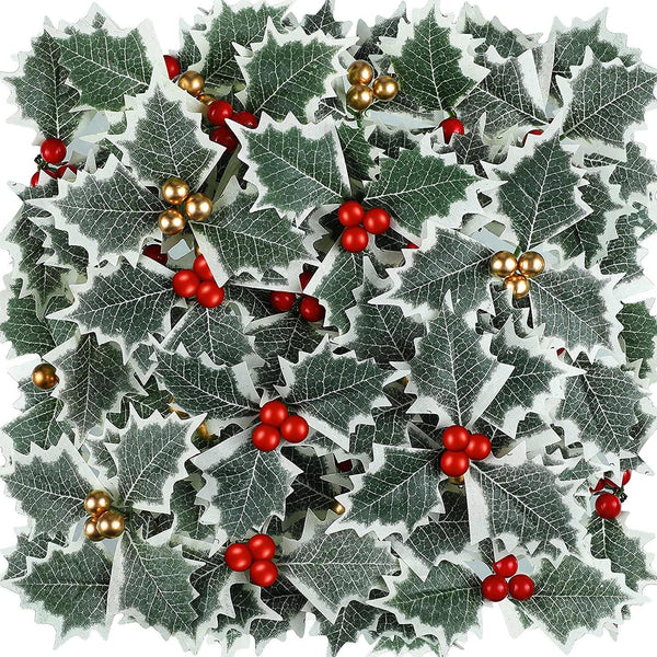 60Pcs Holly Berry Flower with Leaves