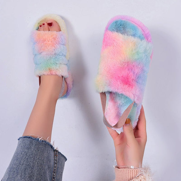 Womens Fluffy Open Toe House Slide Slipper Sandal Spa Bedroom Shoes