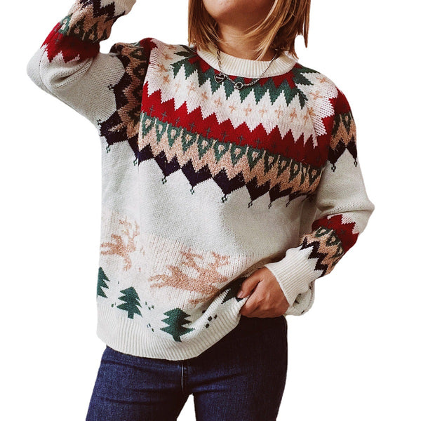 Women's Christmas Knitted Sweater Long Sleeve Crew Neck Pullover Knitwear