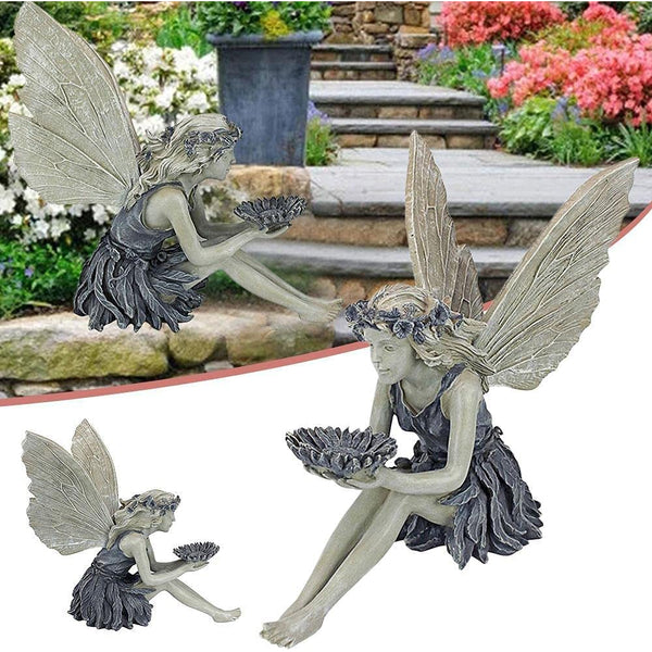 Garden Sitting Fairy Resin Statue Bird Feeder Angel Fairy Statue Figurine Yard Decoration