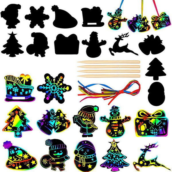 48pcs Rainbow Scratch Off Christmas Hanging Ornaments Paper Cards