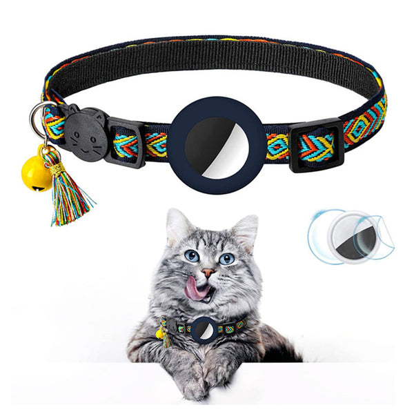 Pet Cat Collar with Airtag Holder Adjustable Geometric Pattern Cat Collar with Bell and Tassel