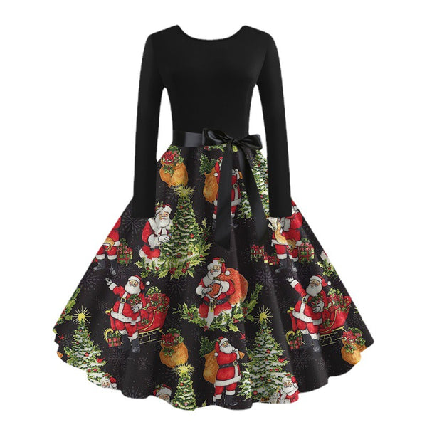 Christmas Vintage Long Sleeve Floral Print Dress